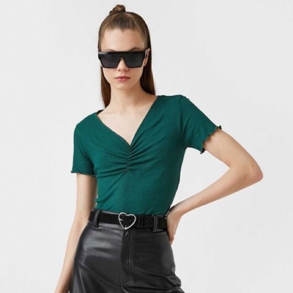 NWT ABOUND Ruched & Scalloped Green Top. Square V-Neck. Seafoam. Nordstrom